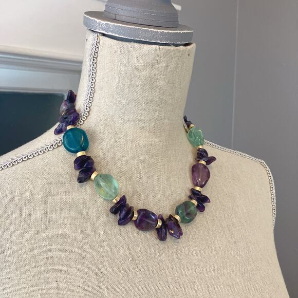 VTG Y2K Amethyst and Quartz Bead Necklace with Gold Tone Accents, Boho Jewelry - Picture 3 of 9